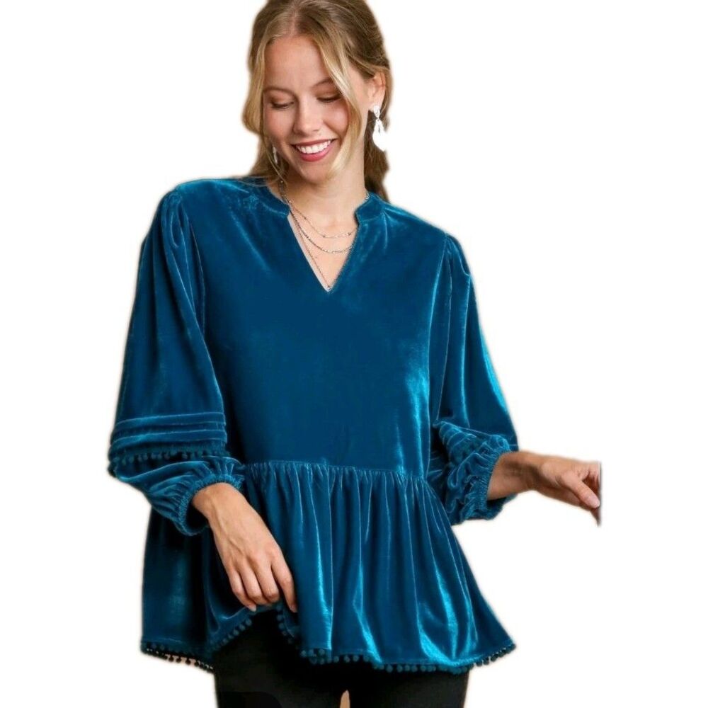 Umgee + Velvet Blouse Womens 1XL Teal Blue 3/4 Sleeve Tiered Baby Doll